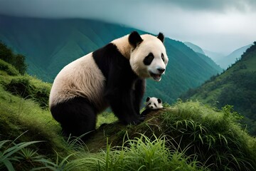 a mother Panda cradling her adorable cub in a lush, misty mountain habitat