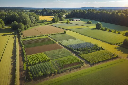 Regenerative agriculture. I this vibrant agricultural landscape, fields are transformed into a tapestry of ecological diversity through the practice of mixed plantings, intercropping, and agroforestry