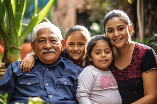 Mexican or Hispanic family together. Family photo of grandfather, with children and small grandchildren. Children and grandchildren visit elderly parents. Family values. Caring for the elderly.