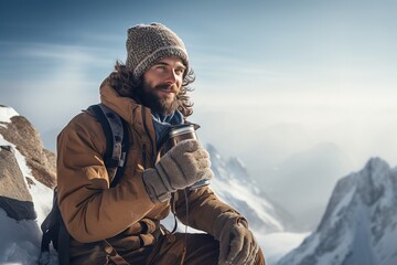 Hiker with a cup of coffee on the background of snowy mountains - obrazy, fototapety, plakaty
