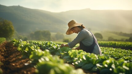 Fototapeta premium A real photo of A Farmer: Side view of female farmer bending to pick crops, gardener picking cabbage, farm field on hill, barn on hill background and beautiful green field.