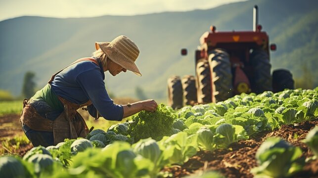 A real photo of A Farmer: Side view of female farmer bending to pick crops, gardener picking cabbage, farm field on hill, barn on hill background and beautiful green field.