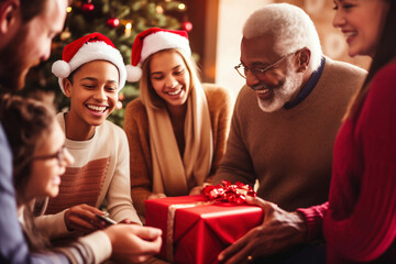 Obraz na płótnie Canvas Photo of people gathered around a beautifully decorated Christmas tree