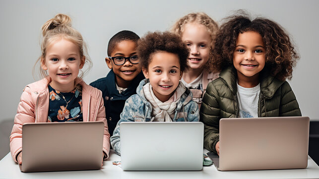 group of children with laptop