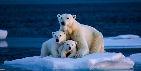 Polar Bear Mother with Cubs on Melting Ice - Arctic Family's Poignant Portrait, Climate Change Impact, Endangered Wildlife Conservation in the Wild