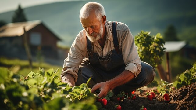A portrait of a gardener planting strawberries, a farmer picking strawberries, a strawberry farm on a northern hill, natural farming background.