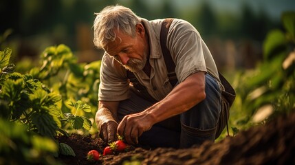 A portrait of a gardener planting strawberries, a farmer picking strawberries, a strawberry farm on a northern hill, natural farming background.
