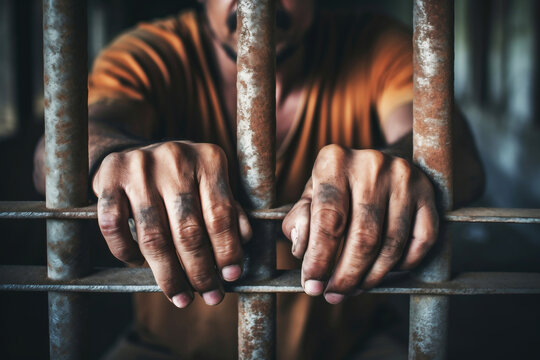 The male prisoner grabbed the prison bars with his hands. The pain and suffering of the prisoner. The inevitability of a judicial verdict. Hopelessness. The punishment of the criminal.