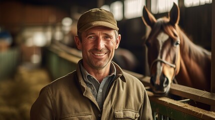A horse farmer stands in a horse stable, he smiles happily at his work, a clean horse stable, a background of horses in a stable.