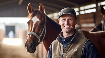 A horse farmer stands in a horse stable, he smiles happily at his work, a clean horse stable, a background of horses in a stable. - Powered by Adobe