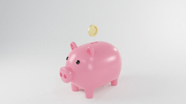 Piggy bank and a gold coin 3d render on white background. Money creative business concept. Sefe finance investment.