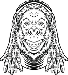 Wild rhythms gorilla dreadlock monochrome vector illustrations for your work logo, merchandise t-shirt, stickers and label designs, poster, greeting cards advertising business company or brands.