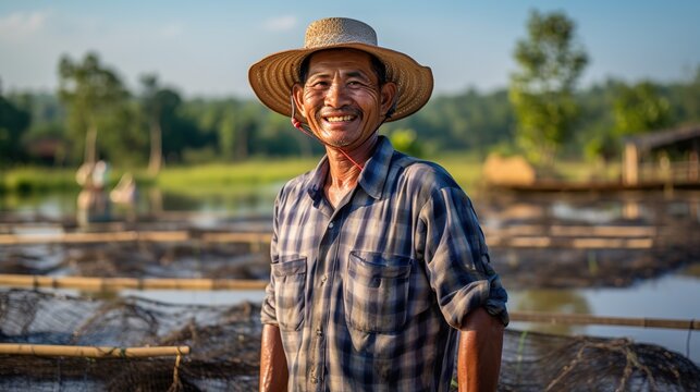 A farmer who raises fish in cages stands on a fish cage, he smiles happily with his work