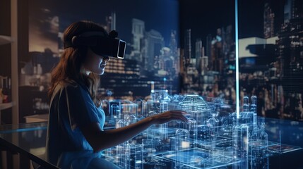professional woman working late in office with VR headset and augmented reality screens - future technology and AR holography concept