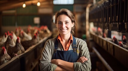 A female chicken farmer stands with his arms folded in the poultry shed, she smiles happily at her work. - obrazy, fototapety, plakaty