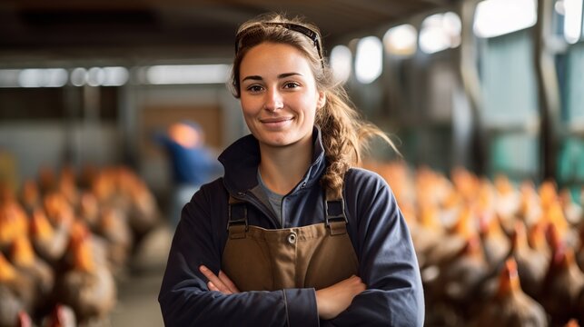 A female chicken farmer stands with his arms folded in the poultry shed, she smiles happily at her work.