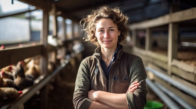 A female chicken farmer stands with his arms folded in the poultry shed, she smiles happily at her work.