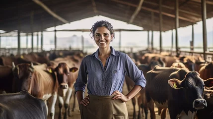 Foto auf Acrylglas Heringsdorf, Deutschland A female farmer with cows stands with her arms crossed in the cowshed, she smiles happily at her work, clean cowshed, background of cows standing in the cowshed.
