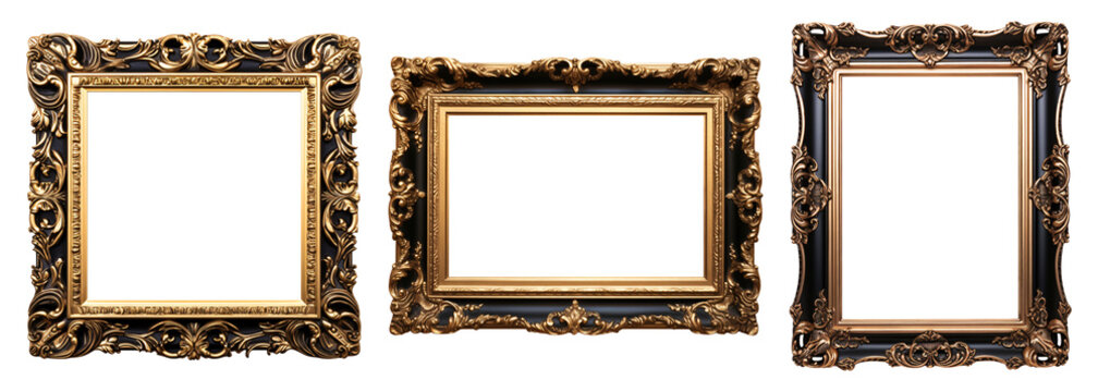 Black carved wooden frame. Carved gilded frame on isolated background, Neoclassical full picture frame.