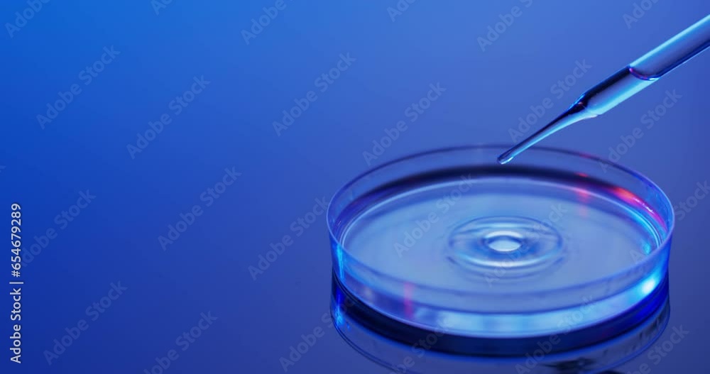 Sticker Video of laboratory pipette and round dish with copy space on blue background