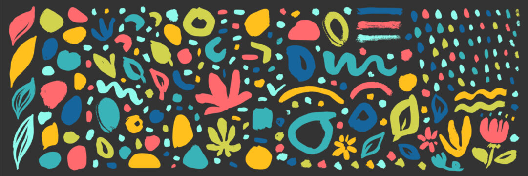 Vector childish brush line set. Abstract messy botanical squiggle daubs. Naive brush stroke background. Hand drawn curved scribbles. Colorful sketch lines and dots. Each element is united and isolated