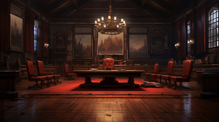 Courts room with tables chair and hammer - obrazy, fototapety, plakaty