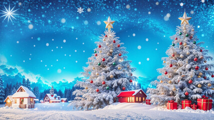 Christmas background with fir tree, gifts and snowflakes. 3d illustration.