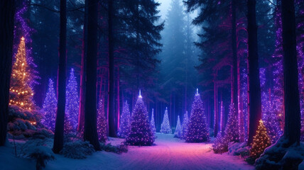 Christmas trees in the winter forest at night. 3D illustration.