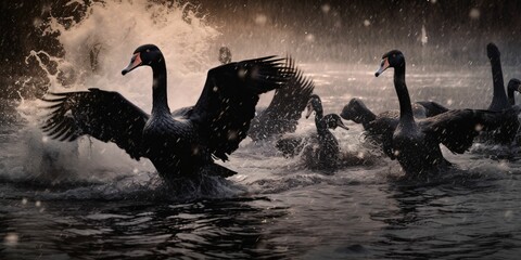 Beautiful and Elegant Black Swans Illustration Swimming in a Pond