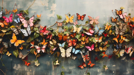 A close up of a bunch of butterflies on a wall