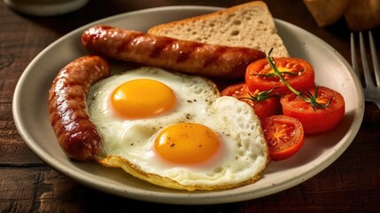 Breakfast with a fried egg and sausage - obrazy, fototapety, plakaty