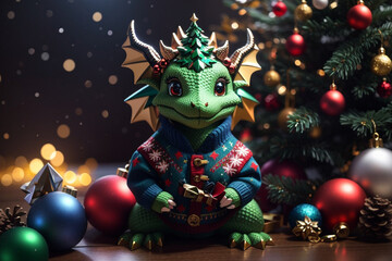 Christmas composition with a little cute dragon in a sweater. Background with the symbol of the year for cards, calendars.