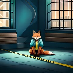 A fox in a blue hoodie securing a crime scene with caution tape.