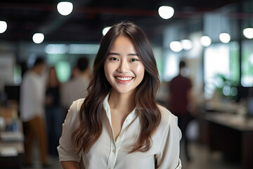 Obraz premium Asian young female happy pretty smiling professional business, happy confident positive female entrepreneur in office business co working, looking at camera. Generative Ai