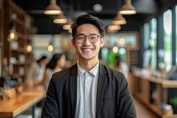 Asian young male happy smiling professional business, happy confident positive female entrepreneur in office business co working, looking at camera. Generative Ai