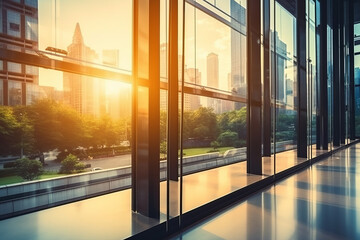 Business Office Glass Windows Building with Sun Reflect for Modern Construction Background - obrazy, fototapety, plakaty