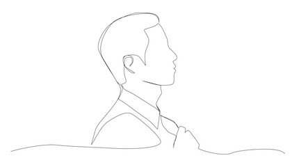 Businessman checking the neatness of his clothes. One line art style on a white background.