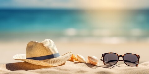 Summer composition on sandy beach with hat, sunglasses and shells, blue sea as background, copy space.  Summer vacation  concept, digital art, Generative AI 