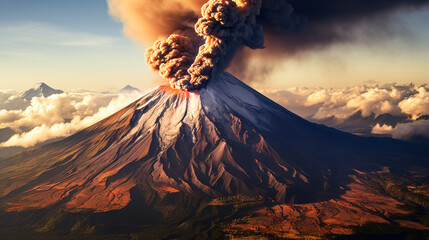 Cotopaxi volcano with a distinct plume of smoke - obrazy, fototapety, plakaty