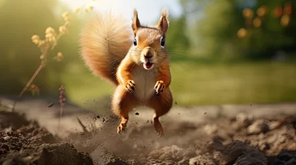 Schilderijen op glas cute squirrel jumping in soil © Zanni