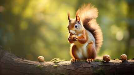 cute squirrel eating a nut in the forest - obrazy, fototapety, plakaty