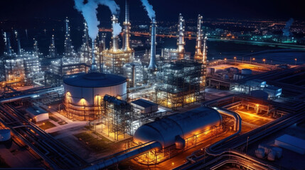 Fototapeta na wymiar Industry pipeline transport petrochemical, gas and oil processing. The power industry factory at night. Generative Ai