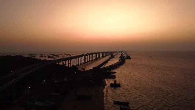 Aerial view of Pamban Bridge Indian railway cantilever sea bridge in Rameswaram Dhanushkodi Tamil Nadu India.