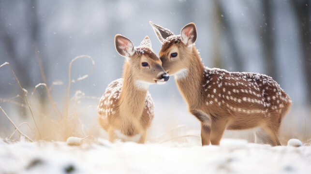 deer in the woods, winter landscape with snow