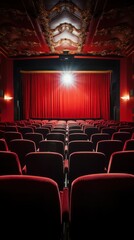 Red velvet cinema seats with blank screen - obrazy, fototapety, plakaty
