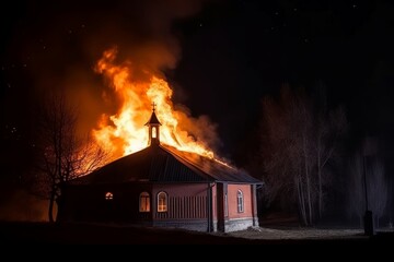 Burning church night. Burn flame energy. Generate Ai