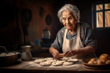 Latin elder woman cooking in the kitchen of a country house.