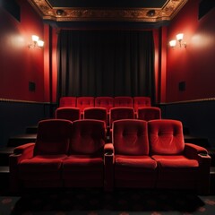 Red velvet cinema seats with blank screen