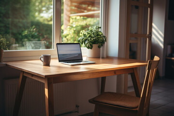 einfacher Holztisch mit Stuhl steht am Fenster, auf dem Tisch befindet sich ein Laptop und eine Topfpflanze, simple wooden table with chair stands by the window, on the table is a laptop and a potted 