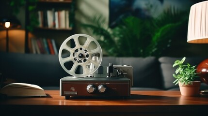 Movie projector with blank film reel on table